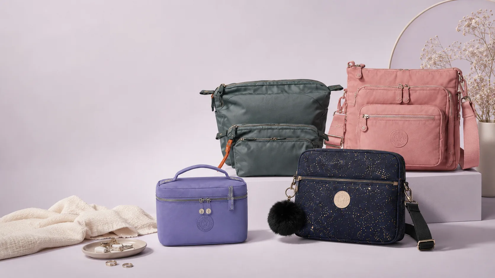 An assorted collection of practical bags in pink, navy, and neutral colors