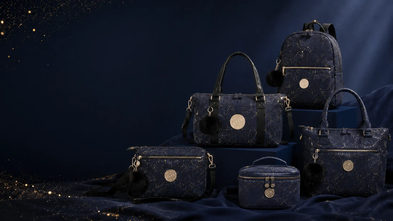 A coordinated collection of navy and lavender star print bags